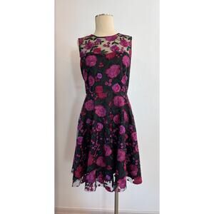Tahari Dress Womens Size 12 Black Floral Embroidered Mesh Fit Flare Cocktail